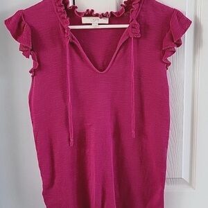 LOFT Medium Pink Ruffle Sleeve Sweater Split Neck Cotton Top